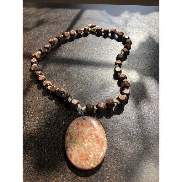 Artisan Jewelry - Autumn Jasper Stone Pendant Necklace w Square Wooden Beads Boho Handmade Hippie